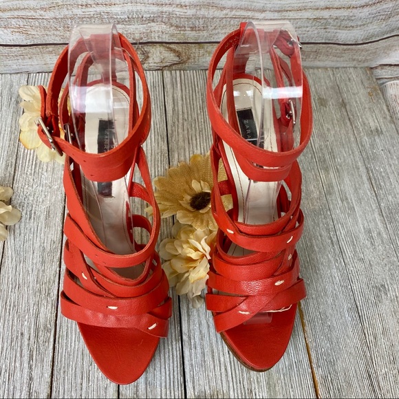 Zara Coral Leather Sandals Size 37 - Picture 5 of 12